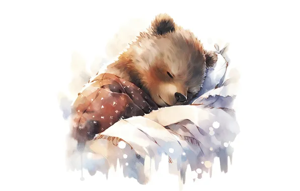 Comfort, sleep, bear, bear, watercolor, sleeping, bed, white background