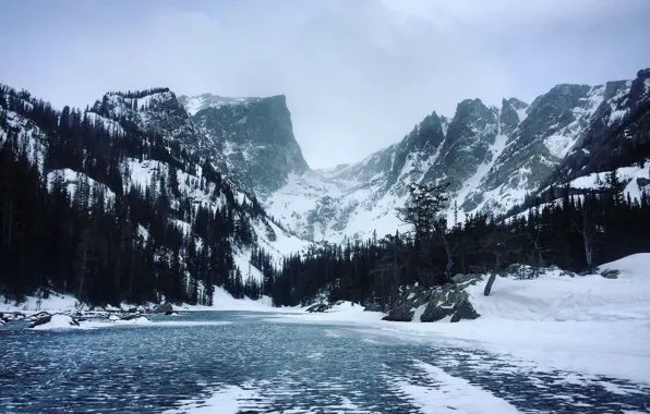 Picture winter, the sky, snow, trees, mountains, nature, lake, rocks