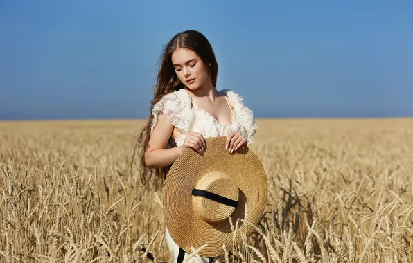 Field, girl, nature, hat, is, with downcast eyes, Albina Khusainova