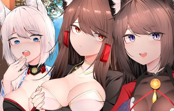 Girl, sexy, cleavage, long hair, dress, brown hair, boobs, anime