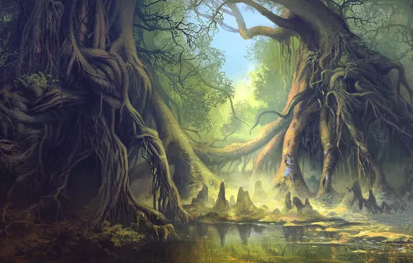 Picture forest, roots, lake, pond, art, fantasy world, giant