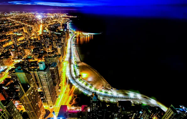 Night, the city, lights, river, skyscrapers, Chicago, chicago, Illinois