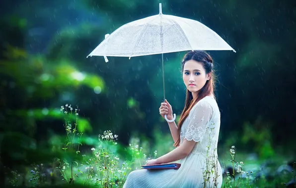Summer, girl, umbrella, Asian