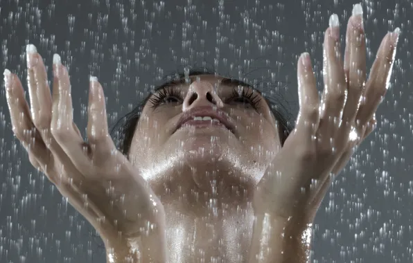 Water, girl, drops, eyelashes, rain, hands, fingers, nails