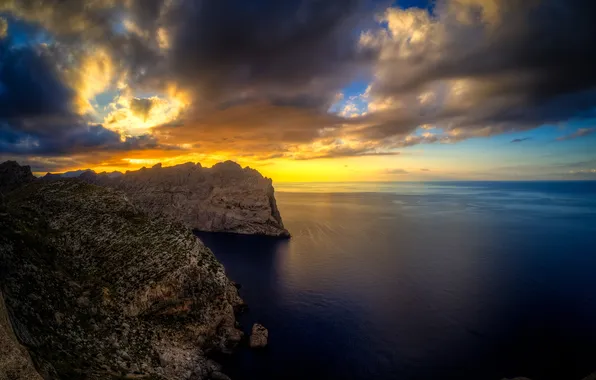 The sky, rocks, Spain, The Mediterranean sea, Balearic Islands, the island of Mallorca