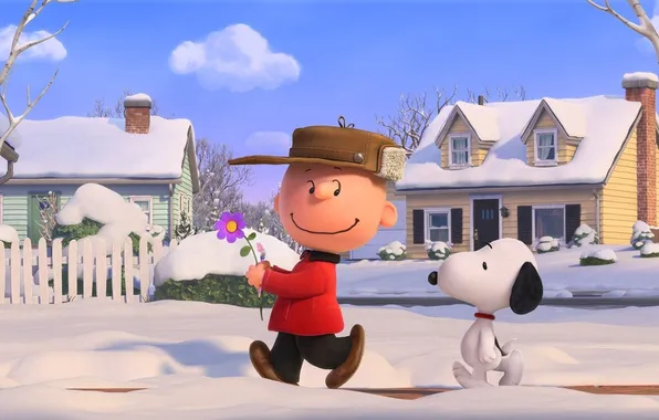 Puppy, dog, snow, tree, boy, cartoon, fence, houses