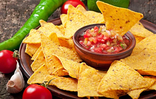 Picture tomatoes, salad, chips, chips, tomatoes, pepper