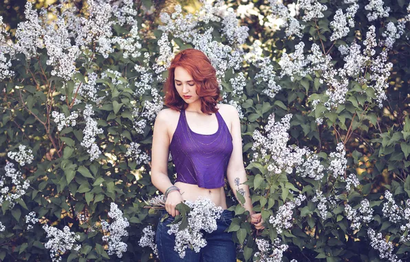 Girl, flowers, nature, pose, the situation, spring, flowering, the bushes