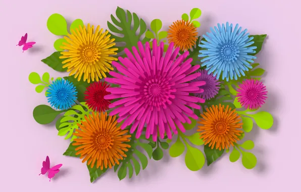 Butterfly, flowers, paper, background
