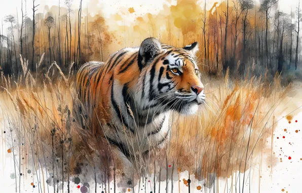 Grass, look, face, tiger, paint, portrait, white background, imitation of watercolor
