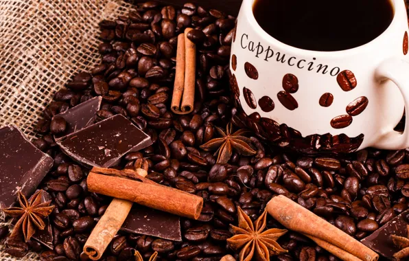 Chocolate, Coffee, cinnamon, coffee beans