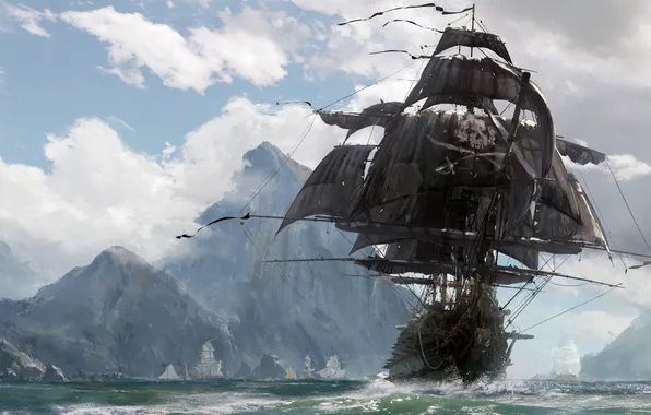 Mountains, pirates, sailing ship