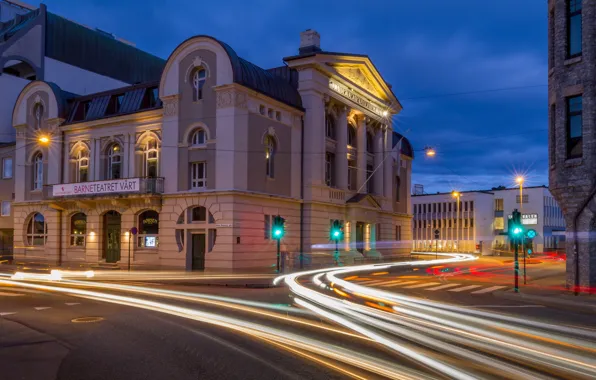 Picture lights, the building, the evening, Norway, theatre, Norway, Ålesund, Alesund