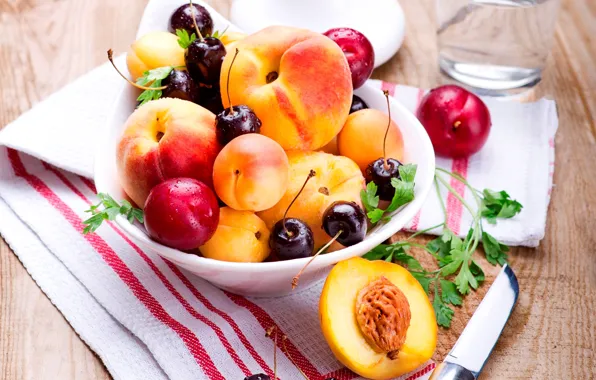 Summer, cherry, berries, plate, knife, fruit, peaches, plum