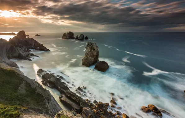Beach, sky, sea, sunset, seascape, rocks, shore, nature landscape