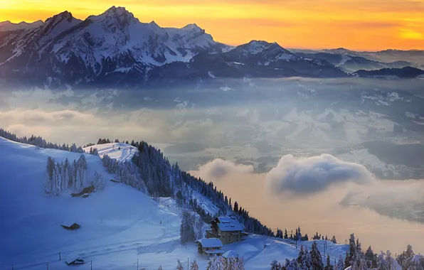 Picture winter, snow, sunset, mountains, Switzerland, village, Switzerland