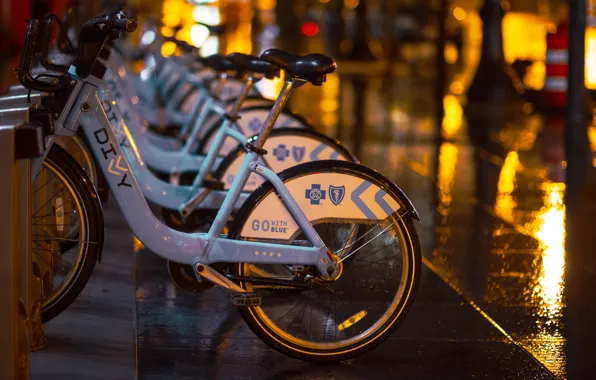 Picture drops, night, bike, the city, lights, glare, rain, street