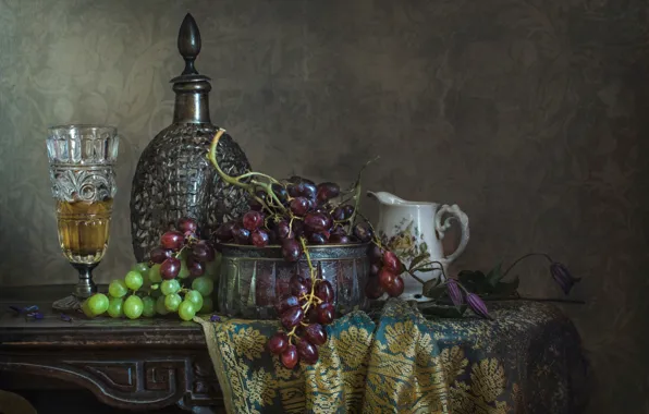 Glass, grapes, pitcher, still life, clematis