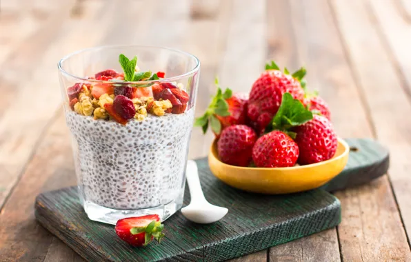 Glass, Breakfast, strawberries, strawberry, yogurt