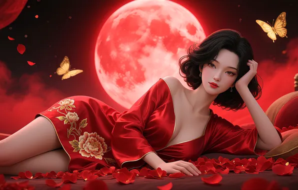Picture girl, moon, brunette, asian, butterflies, ai art