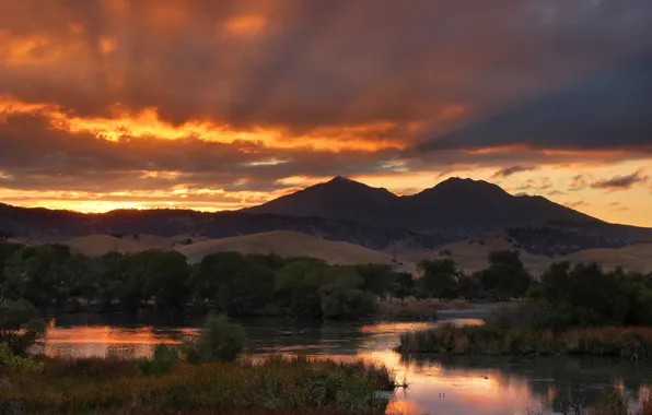 Clouds, trees, sunset, mountains, lake