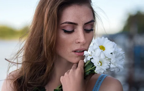 Picture girl, flowers, face, background, model, portrait, makeup, hairstyle