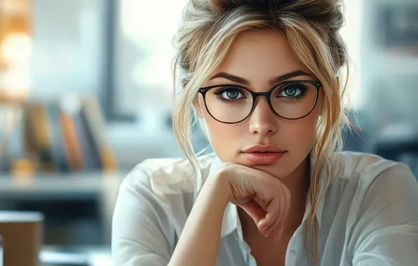 Look, girl, face, portrait, glasses, blonde, office, white blouse