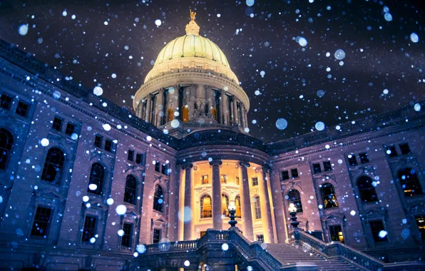Picture winter, light, snowflakes, night, the city, the building, Wisconsin, lights