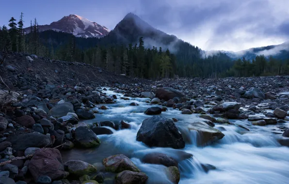 The sky, trees, mountains, nature, stream, stones, USA, USA