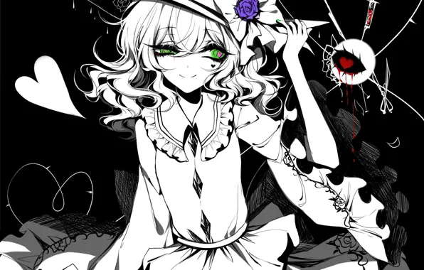 Girl, eyes, rose, hearts, Monochrome, Touhou, Koishi Komeiji, Touhou