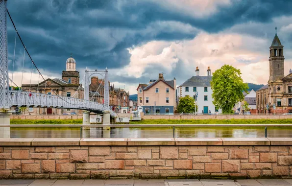 Picture clouds, clouds, bridge, river, overcast, home, Scotland, Highland