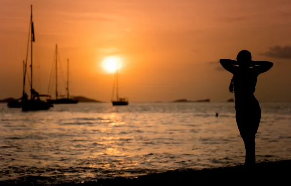 Picture sea, girl, silhouette, Sunset Silhouette