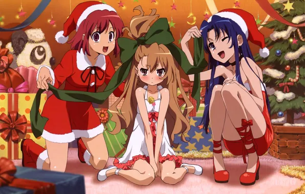 Emotions, holiday, girls, tree, new year, gifts, bow, costumes