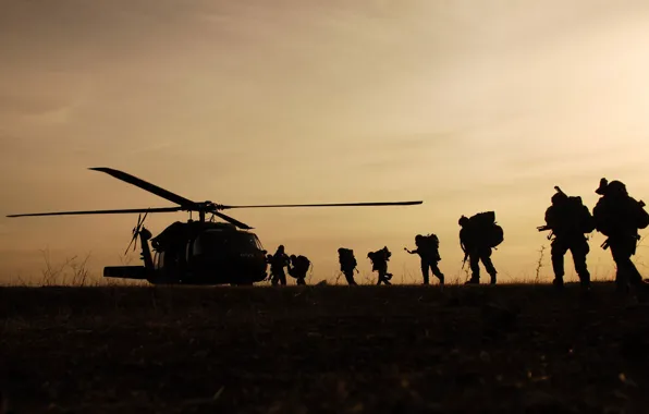 TEAM, SOLDIERS, DAWN, EQUIPMENT, HELICOPTER, SILHOUETTES, BLADES