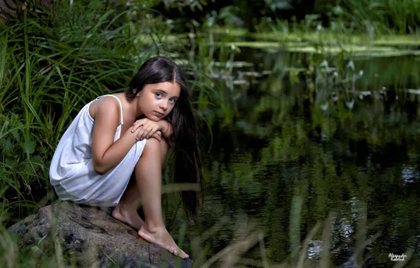 Grass, look, pond, girl, girl, grass, look, pond