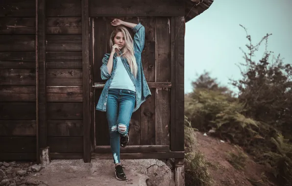 Picture girl, nature, pose, hair, jeans, sneakers, bokeh, Pagani Ali