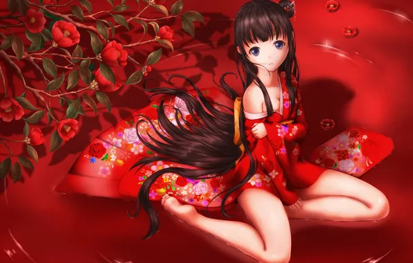 Girl, flowers, branch, art, kimono, red background, sitting, tsuchiryuu
