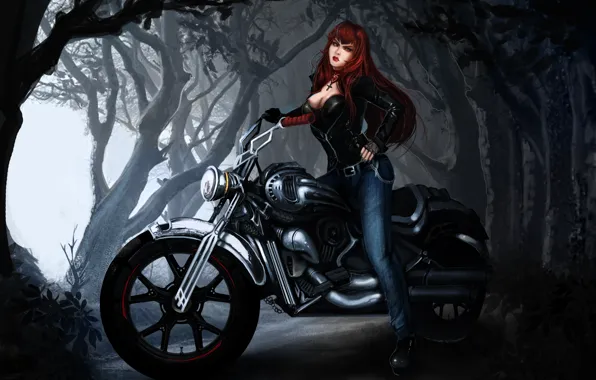 Forest, girl, trees, art, motorcycle, vampire, red, bike