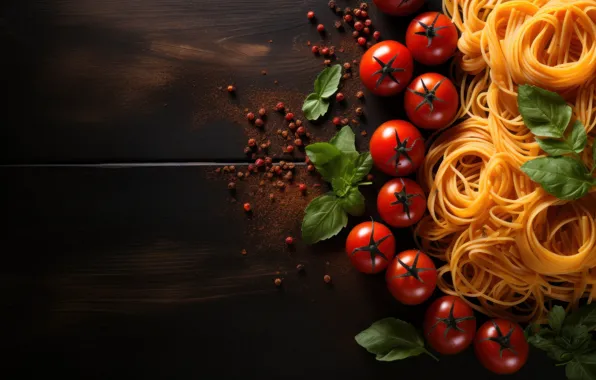 Greens, leaves, the dark background, Board, tomatoes, spaghetti, tomatoes, spices