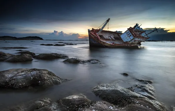 Picture sunset, stones, shore, ship, twilight, shipwreck