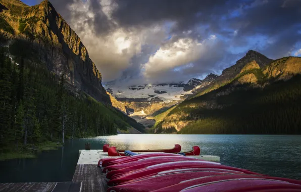 Forest, mountains, nature, lake, Alberta, Lake Louise, Canada, Canoe