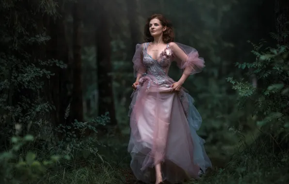 Picture forest, girl, nature, dress, brown hair, Maria Zdonova