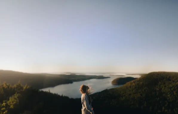 Picture sea, the sky, girl, the ocean, the wind, hills, horizon, blonde