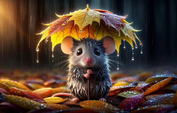 Autumn, leaves, rain, mouse, dampness