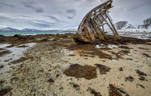 Picture coast, the skeleton, Norway, old boat