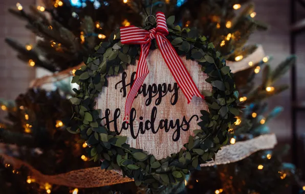 Winter, leaves, branches, holiday, the inscription, toys, round, lights