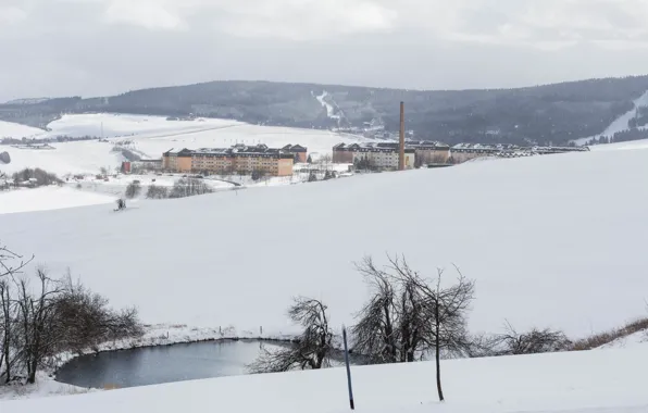 Picture winter, field, snow, mountains, pond, Nature, frost, field