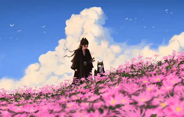 Clouds, flowers, birds, meadow, samurai, dog, travelers, blue sky