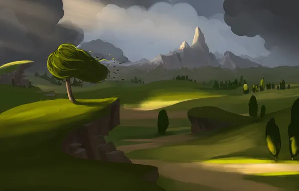 Road, the storm, grass, trees, landscape, mountains, the wind, art