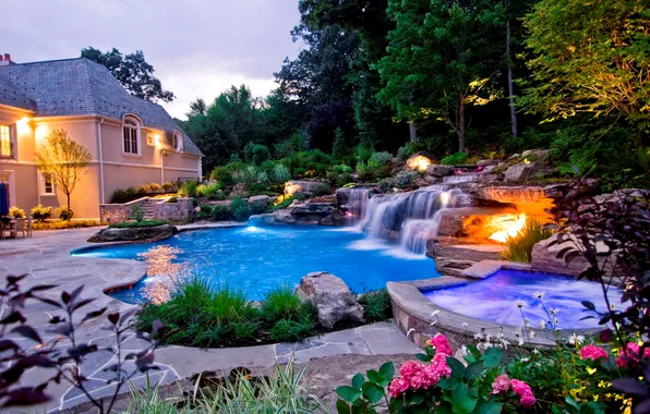 Trees, flowers, house, Villa, waterfall, beauty, the evening, pool